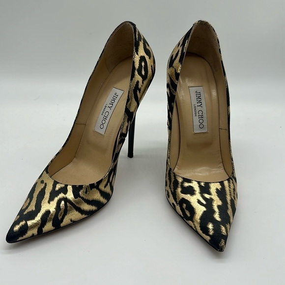 Jimmy Choo Shoes - Jimmy Choo Anouk Stiletto Heels Black & Metallic Gold Animal Print Size 38 1/2
